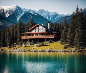 A cabin on the shore of a lake surrounded by mountains.