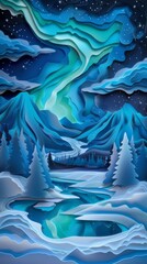 Northern Lights Winter Mountain Snow Night Landscape Paper Cut Phone Wallpaper Background Illustration	
