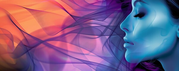 stylish advertising banner of digital graphic woman's profile face in blue purple orange colors on wavy background of her long hair - obrazy, fototapety, plakaty