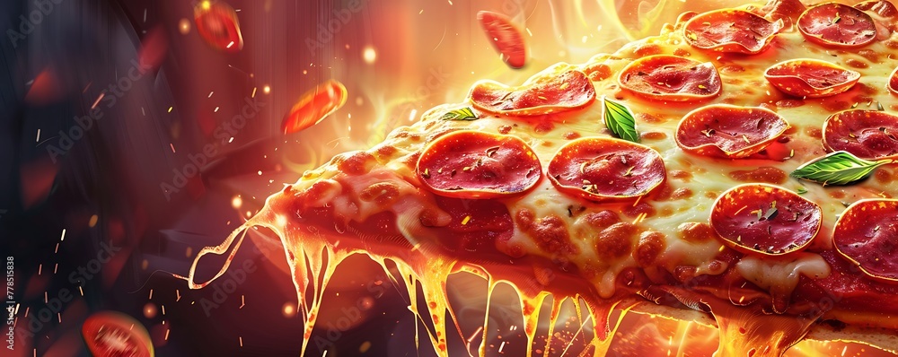 Wall mural a piece of pizza in the oven on a background of fire with pepperoni sausage and delicious melting ch