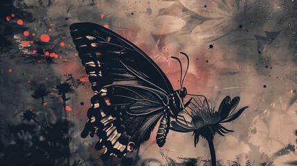Worn-out butterfly resting on a wilted flower. Black and Red tones. Grunge style illustration