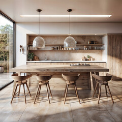 Interior of modern kitchen with white walls, tiled floor, wooden countertops and wooden cupboards. 3d rendering