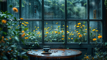 Wooden table and flowers on the background of the rainy window.