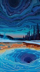 Yellowstone Prismatic Spring Winter Night Landscape Paper Cut Phone Wallpaper Background Illustration	
