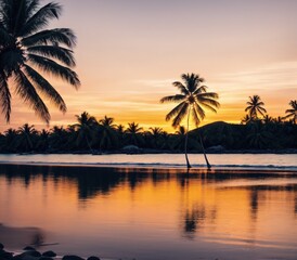 Fototapeta na wymiar A beautiful sunset over the ocean with palm trees on the beach.