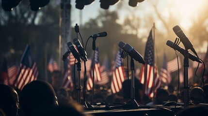Microphones at an Empty Podium, Surrounded by American Flags, Captured in Closeup
