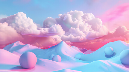 A surreal 3D depiction of a landscape with fantastical clouds, evoking a dreamlike and otherworldly ambiance.