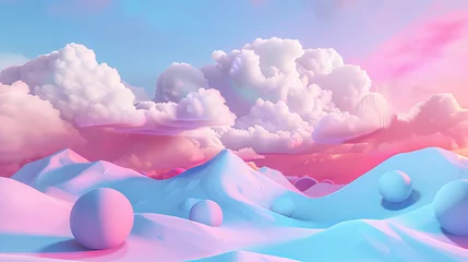 Afwasbaar Fotobehang Purper A surreal 3D depiction of a landscape with fantastical clouds, evoking a dreamlike and otherworldly ambiance.