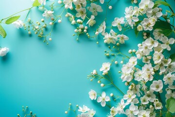 Delicate White and Green Flowers Blooming on Vibrant Blue Background, Floral Still Life Photo