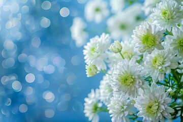 Delicate White and Green Flowers Blooming on Vibrant Blue Background, Floral Still Life Photo