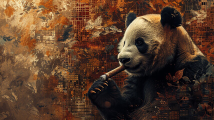 A sophisticated panda with a cigar, the background adorned with a mosaic of earthy tones.