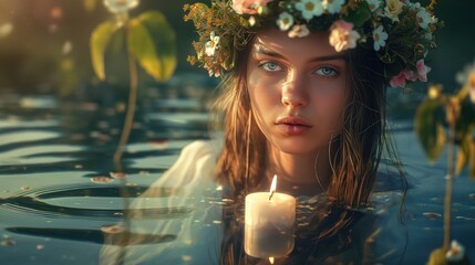 Beautiful Slavic young woman in a wreath of flowers and a candle in the water. Midsummer day, Saint John's Day, Ivana kupala concept  - obrazy, fototapety, plakaty