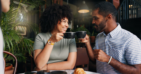 Friends, cheers and coffee in restaurant with talking, bonding together and relax on break on...