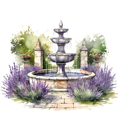Watercolor painting of a classic stone fountain amidst lavender fields