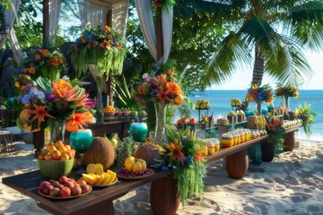 Tropical paradise scene with exotic fruit display on the beach