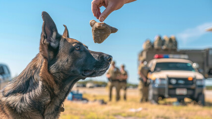 A Belgian Malinois in a police K9 unit, being rewarded with a special treat after a successful training session, with the squad vehicles and equipment in the background