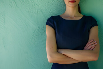 A businesswoman stands confidently with her arms crossed against a mint green wall. Her dress is a sophisticated navy blue, 