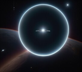A large, glowing planet with a ring around it.