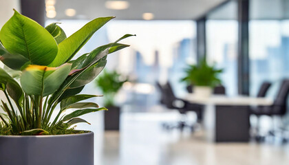 Selective focus on green plant in the pot with blurred light interior of open work space office...