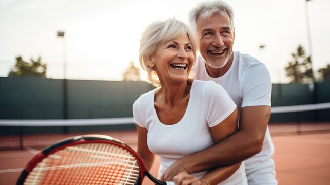 Happy elderly couple in sporty outfits smiling on tennis court, enjoying active lifestyle together - Powered by Adobe