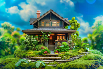 A cozy craftsman-style miniature house with a lush green garden, set against a vibrant blue sky.