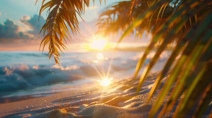 Beautiful sunset sandy beach with beautiful waves, sunlight streaming through beautiful palm leaves. No people. Copy space. Wallpaper. - obrazy, fototapety, plakaty