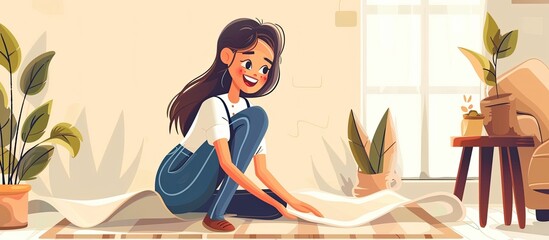 A happy woman is kneeling on a wood flooring rug in a living room, a cartoon plant beside her. She gestures with her thumb and fingers on her thigh - obrazy, fototapety, plakaty