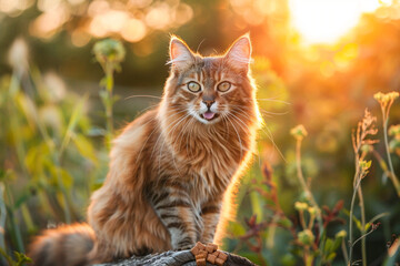 Naklejka na ściany i meble A graceful Somali cat, its richly colored fur glowing in the sunset, delicately licking its lips after enjoying a special blend of wet cat food, set in a peaceful outdoor setting.