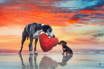 A Great Dane and a tiny Dachshund sharing a large, heart-shaped dog treat, on a serene beach at sunset, symbolizing friendship across sizes.