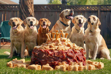 A group of Labrador Retrievers at a dog birthday party, eagerly waiting in front of a large, meaty...