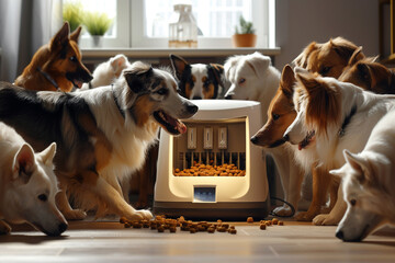 A group of mixed breed dogs surrounding a modern, automatic dog feeder that dispenses organic kibble, in a high-tech, smart home environment. - Powered by Adobe