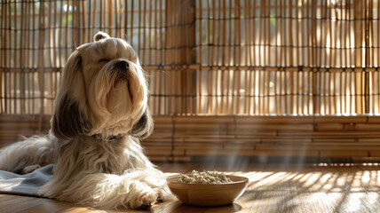 A Lhasa Apso in a tranquil meditation room, sitting next to a bowl of calming, herbal dog treats,...