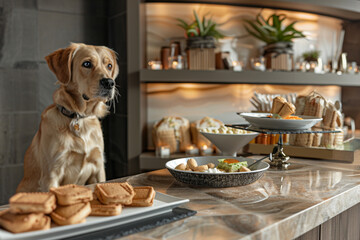 A luxurious pet spa setting, with a dog sitting calmly by a designer dog food station, featuring...