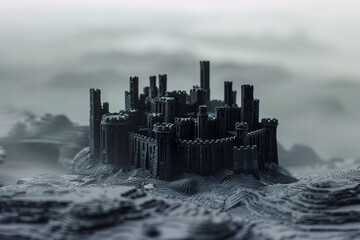 A mysterious miniature castle with black walls, emerging from the mist of an early morning. 