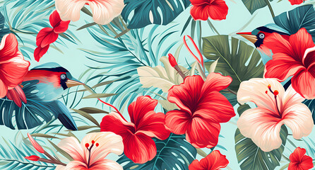A beautiful pattern of tropical flowers and palm leaves - obrazy, fototapety, plakaty