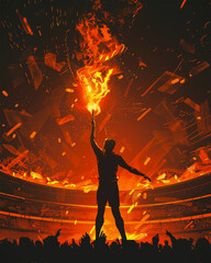 Silhouette of a man with a lighted torch in his hand, in the middle of the arena.