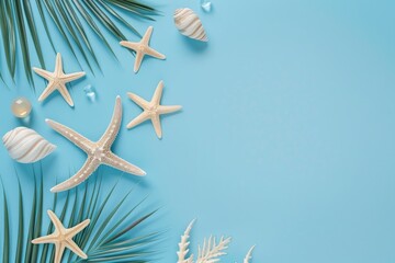 Fototapeta na wymiar an empty design with palm leaf, and starfish on a blue background, in the style of light beige and silver, 3840x2160, stereotype photography, gemstone, animated gifs, antique subjects - generative ai