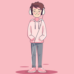 A young man wearing headphones and a pink hoodie. He is smiling and he is enjoying his music