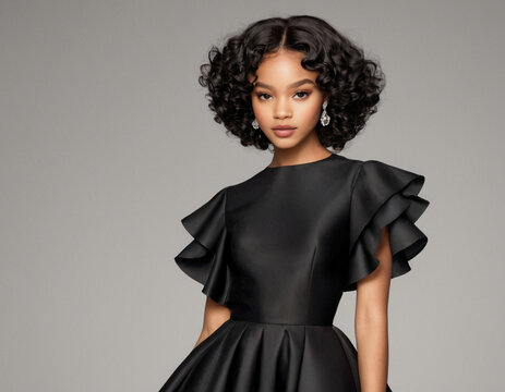 beautiful black supermodel in a black dress