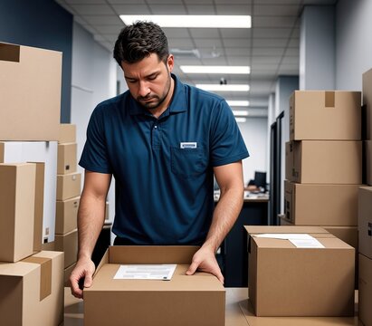 A man in a blue shirt and khaki pants standing in front of a pile of boxes in a warehouse.