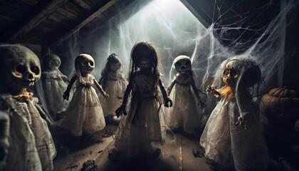 A group of spooky antique dolls in the attic - Halloween theme. AI generated.