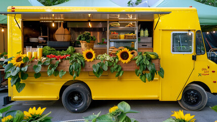 A sunflower yellow food truck at a farmers' market, its interior offering farm-to-truck salads, sandwiches, 