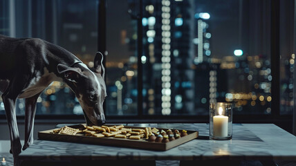A Whippet in a chic urban loft, enjoying a deconstructed dog treat platter, with the city skyline glowing in the background through panoramic windows at night.