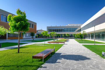 A well-kept school courtyard with green grass, a few benches, and a path leading to a modern school building under a clear blue sky.
