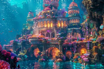 Stunning underwater palace made entirely of vibrant coral formations, fantasy architecture concept, digital art illustration