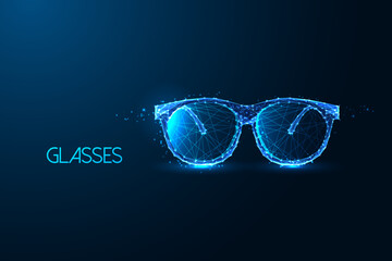 Abstract glasses, sunglasses, smart futuristic technologies in eyewear on dark blue background