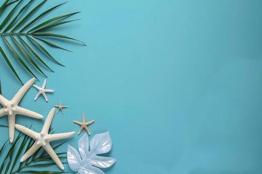 an empty design with palm leaf, and starfish on a blue background, in the style of light beige and silver, 3840x2160, stereotype photography, gemstone, animated gifs, antique subjects - generative ai