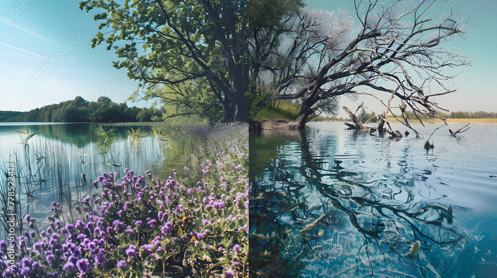 Poster a split photo showing trees in spring and dead trees submerged under water