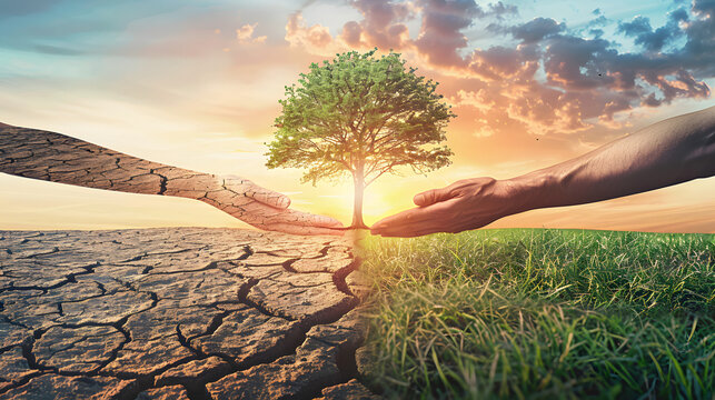 A split screen showing dry cracked land on the left and lush green grassy field with tree in middle of picture