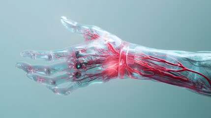 A transparent hand with veins and capillaries is shown